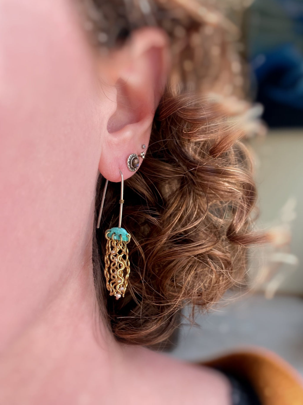 Mini Green Jellyfish Earrings with White Pearls and Sterling Silver Earwires